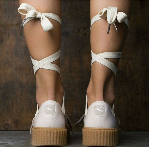 PUMA x FENTY Rihanna Oatmeal Leather Bow Creeper Tie Up Sandals - Picture 2 of 11